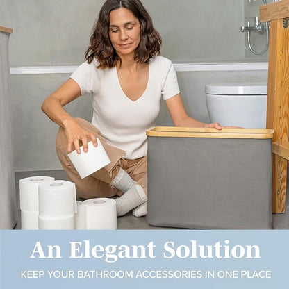 LONBET Toilet Paper Storage for 12 Rolls, Stackable & Foldable - The Ultimate Bathroom Organizer - Waterproof Basket with Bamboo Lid - Elegant Toilet Paper Storage Holder, Gray