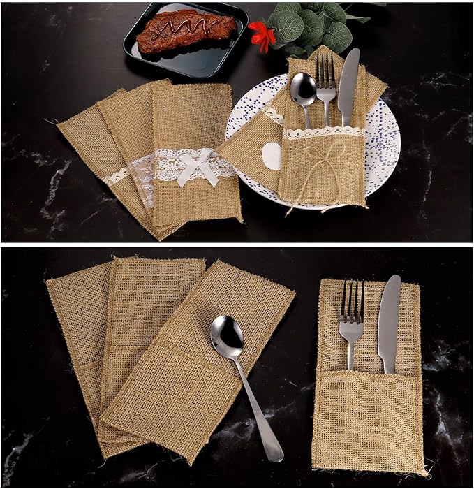 uxcell 12Pcs Burlap Lace Utensil Holders, 4" x 8" Cutlery Pouch Silverware Holder Natural Jute Pouch Bag Burlap Napkin Bag for Wedding Dinner Decoration