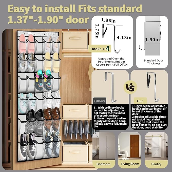 PAULONE Over the Door Organizer with 30 Large Pockets, 3 Sizes of Closet Hangers, Holds up to 69 lbs, Hanging Organizer with Clear Window for Children's Toys, Shoes, Diapers (White)