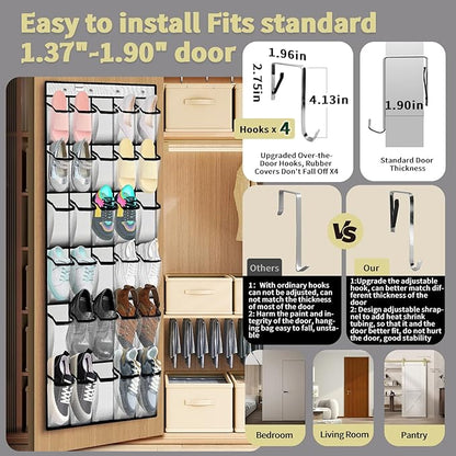 PAULONE Over the Door Organizer with 30 Large Pockets, 3 Sizes of Closet Hangers, Holds up to 69 lbs, Hanging Organizer with Clear Window for Children's Toys, Shoes, Diapers (White)