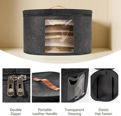 HEAVYWOOD Hat Box for Women Storage Travel Felt Hat Case for Wide-Brim Cowboy Hat Storage Foldable Organizer for Closet Large Round Hat Carrier with Portable Handle (Dark Gray)