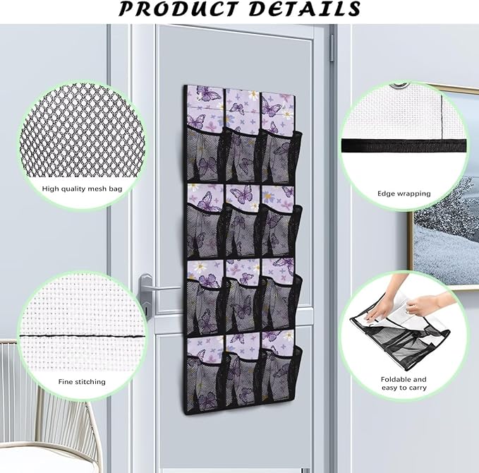 Butterfly Daisy Over the Door Shoe Organizer 12 Large Pockets Hanging Shoe Rack for Closet Organizers and Storage Sturdy Oxford Fabric Shoe Hanger