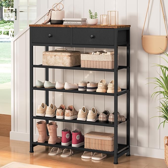 usikey Shoe Rack, 5 Tier Shoe Storage Organizer with 2 Drawers, Metal Shoe Shelf for 12-16 Pairs of Shoes, with 4 Oxford Fabric Shelves and Wooden Top, Shoe Stand for Closet Entryway, Black UNYXJX013H