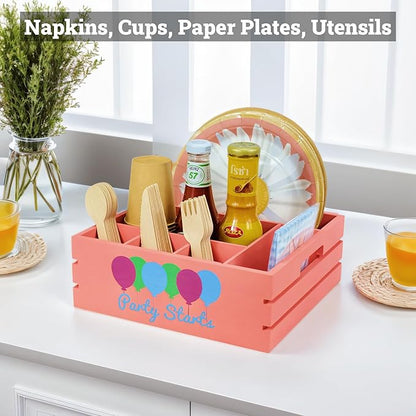Utensil Holder for Party Farmhouse Crate Look - Pink Napkin Paper Plate Dispenser for Countertop - Silverware Caddy for Plate, Cup, Fork, Spoon - Flatware Box Organizer for Outdoor Camping Picnic