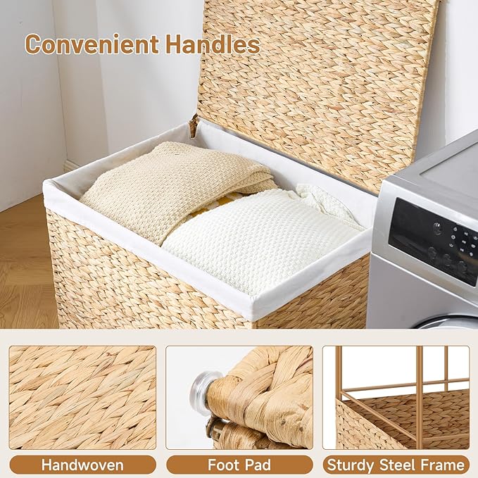 Water Hyacinth Storage Basket with Lid, 46.2 Gallon (175L) Wicker Shelf Basket with Removable Liner, Wicker Storage Basket for Blanket, for Livingroom, Bedroom, Natural