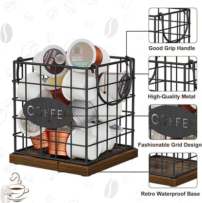 YINMIT K Cup Holder Organizer, Rustic Coffee Pod Holder Organizer, 35 Kcup Holder for Counter with Handle，Large Capacity Black Wire Coffee Capsule Basket for Kitchen Office Desktop (Square Grid)