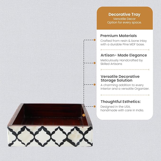 Handicrafts Home 10"x6" Vanity Tray for Bathroom Countertop, Moroccan Bone Inlay Decorative Organizer Tray for Perfume, Jewelry, Cosmetics & Dresser Decor, Rectangular Catchall Tray, Black White