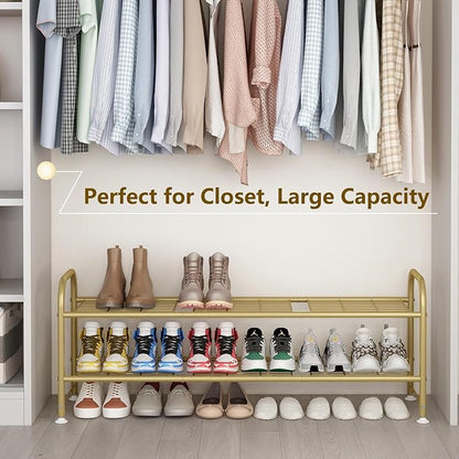 LINZINAR Shoe Rack Long 2 Tier Shoe Storage Organizer Metal Wide Shoe Shelf for Closet Entryway Bedroom 18 Paris Large Capacity, Gold