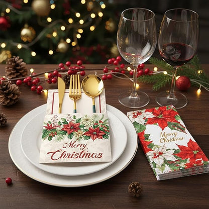 Harloon 80 Pcs Christmas Silverware Holder Napkin Set 60pcs Christmas Napkins 20pcs Xmas Paper Utensil Cutlery Holders Knife Fork Pocket Bags for Holiday Xmas Table Decorations Party Favor Supplies
