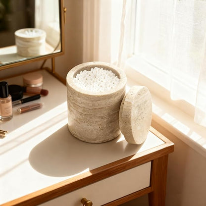 Natural Marble Canister, Cotton Swab Holder with Lid, Marble Toothbrush Holder Qtip Holder Storage for Cotton Swab, Floss Picks, Makeup Pad, Bath Salt, Beige White Travertine(NS019)