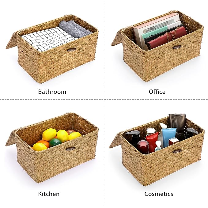 Hipiwe Wicker Shelf Baskets Bin with Lid, Handwoven Seagrass Basket Storage Bins Rectangular Household Basket Boxes for Shelf Wardrobe Home Organizer, Caramel Medium
