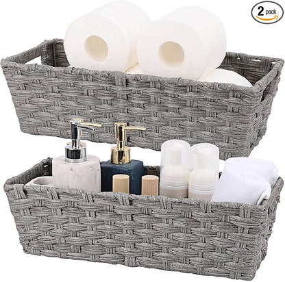 Wicker Storage Baskets for Bathroom, Toilet Tank, Decor - Woven Grey Baskets, 15¾" x 6¾" x 4¾", 2-Pack