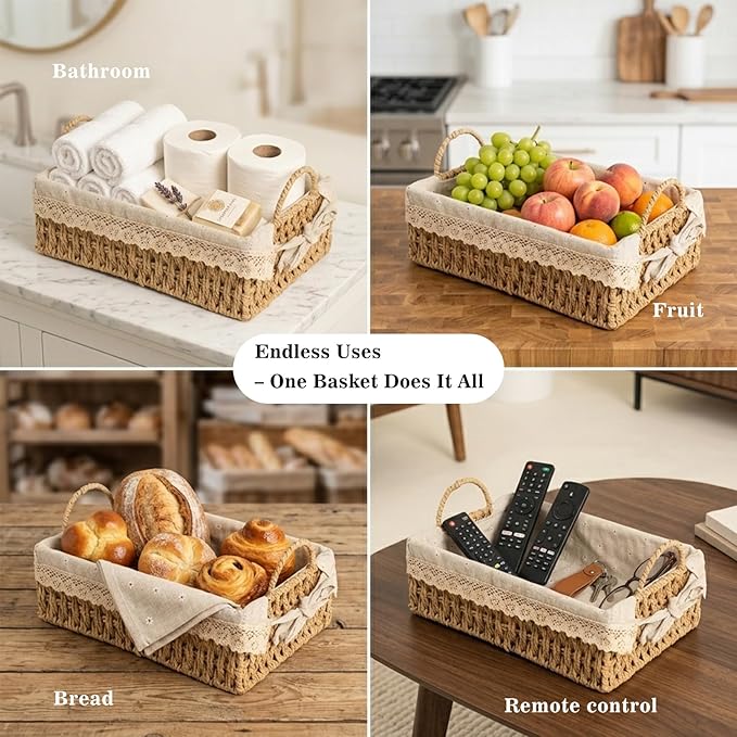 Wicker Storage Baskets with Handle and Liner, Set of 2 Small Paper Rope Woven Shelf Baskets for Organizing, Rectangular Boho Decorative Baskets for Gifts, Pantry, Table, Living Room, Kitchen