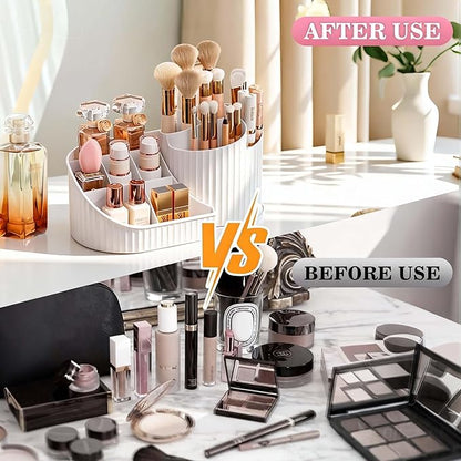 Makeup Organizer with Rotating Brush Holder Vanity Organizer Cosmetic Storage for Dresser Bathroom Countertop Organizer for Vanity, Cosmetic Display Case for Lipstick, Skincare, Brushes, Eyeshadow
