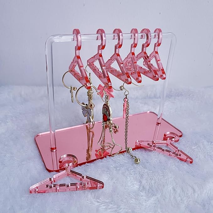 Earring Hanger Rack with 8 Mini Coat Hangers, Acrylic Earring Holder Display Stand, Ear Studs Hanging Earrings Organizer For Women Girls,Rose Gold