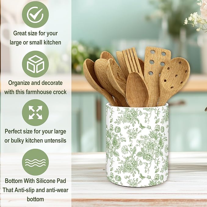 JarThenaAMCS Green Floral Ceramic Utensil Holder Vintage Flower Butterfly Utensil Crock for Home Kitchen Countertop Storage Organizer Container