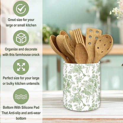 JarThenaAMCS Green Floral Ceramic Utensil Holder Vintage Flower Butterfly Utensil Crock for Home Kitchen Countertop Storage Organizer Container