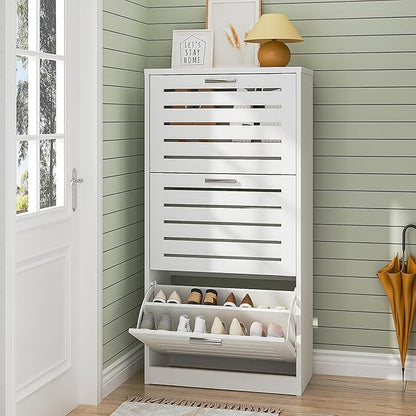 VECELO Shoe Cabinet Storage for Entryway with 3 Flip Drawers Slim Hidden Free Standing Organizer for Narrow Hallway, Bedroom, Living Room, Large Capacity, Modern, White, 3-Shelf