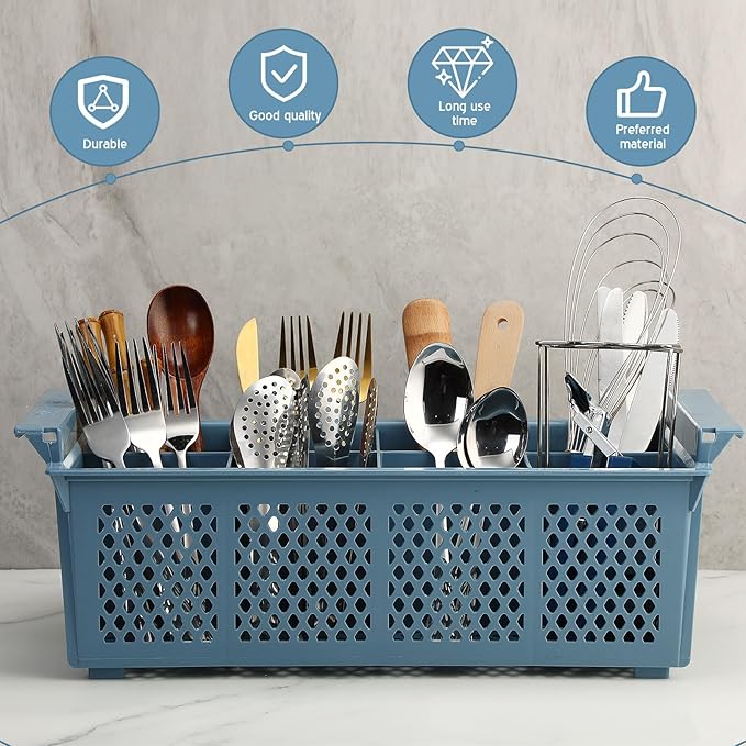 Yungyan 2 Pcs 8 Slot Plastic Cutlery Basket 16.81 x 8.07 x 5.91 Inches Dishwasher Flatware Basket with Handle Utensil Holder for Knives, Forks, Spoons, Silverware Commercial Dishwasher(Blue)