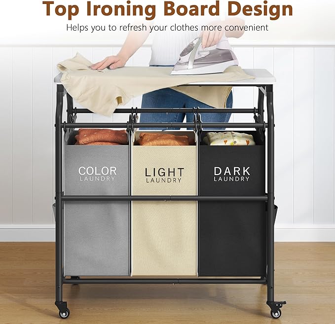 Hoctieon 3 Section Laundry Sorter Cart with Ironing Board, Laundry Hamper Basket with Shelf and Wheels, Heavy Duty Clothes Organizer, Large Clothes Separator with Removable Bags, Black+Gray+Beige