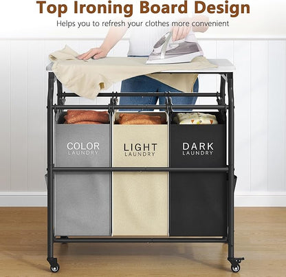 Hoctieon 3 Section Laundry Sorter Cart with Ironing Board, Laundry Hamper Basket with Shelf and Wheels, Heavy Duty Clothes Organizer, Large Clothes Separator with Removable Bags, Black+Gray+Beige