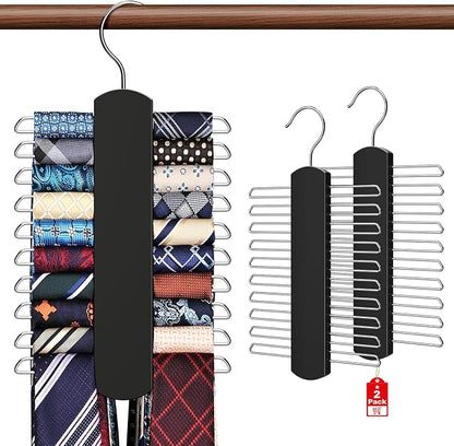 2 Pack Tie Rack for Closet, Premium Wooden Necktie Organizer Storage Tie/Belt Hanger, 360 Degree Swivel Space Saving Ties Holder for Men Hanging 40 Ties Black