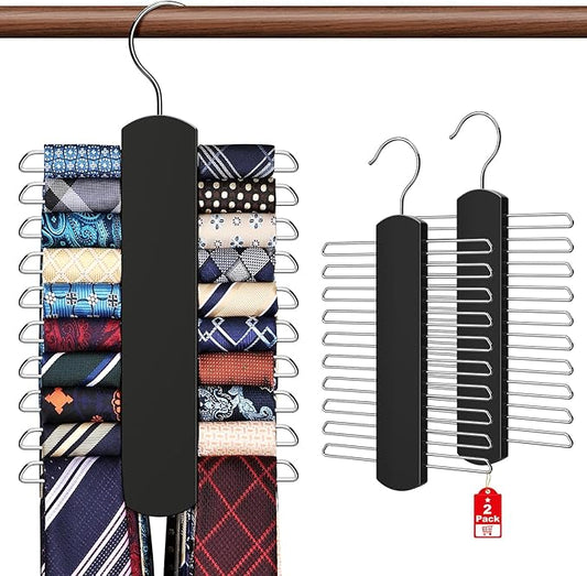 2 Pack Tie Rack for Closet, Premium Wooden Necktie Organizer Storage Tie/Belt Hanger, 360 Degree Swivel Space Saving Ties Holder for Men Hanging 40 Ties Black