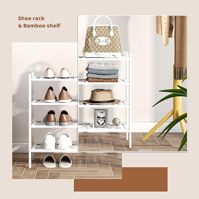 Bamboo Shoe Rack Stackable Shoe Shelf Storage Organizer for Unit Entryway Hallway and Closet Sturdy Freestanding Shoe Shelf(4 Tier White)
