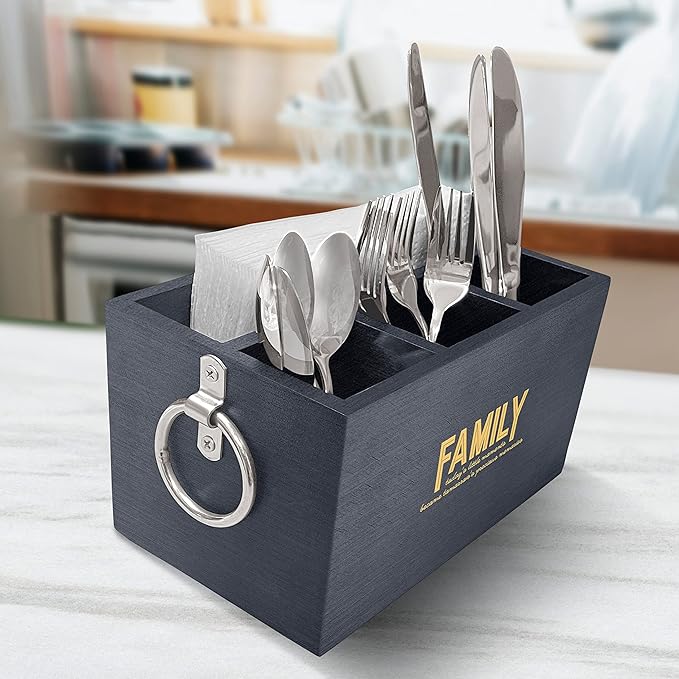 Family Quote Wood Utensil Caddy Cutlery Organizer, Silverware Holder, Large Utensil Flatware Organizer Box with 3 Compartments, Wood Utensil Holder