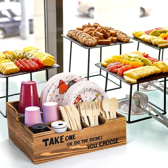 Frcctre Paper Plate Organizer for Countertop, 8 Compartments Rustic Kitchen Utensil Dispenser Wood Silverware Caddy Organizer for Plates, Cups, Forks, Spoons, Napkins