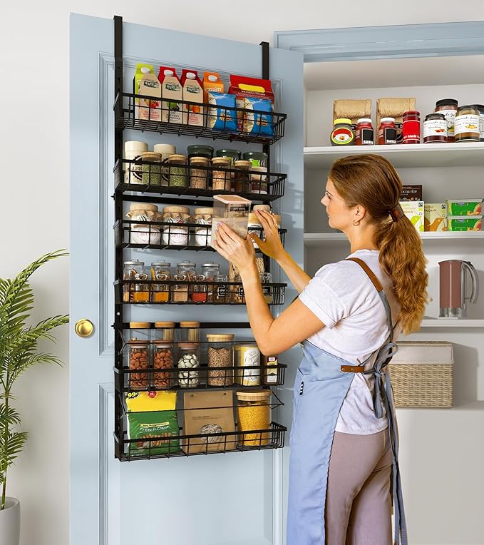 Mefirt Over The Door Pantry Organizer, Pantry Storage and Organization, 6-Tier Adjustable Hanging Baskets, Metal Wall Mount Spice Rack Seasoning Shelves for Home & Kitchen, Laundry Bathroom - Black