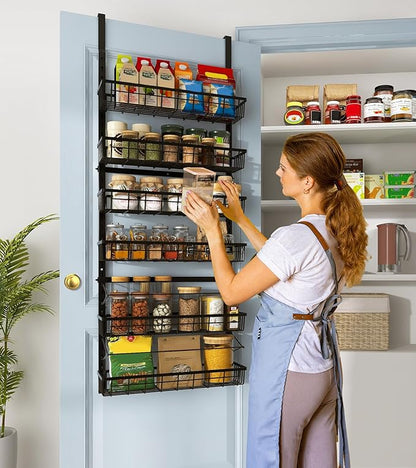 Mefirt Over The Door Pantry Organizer, Pantry Storage and Organization, 6-Tier Adjustable Hanging Baskets, Metal Wall Mount Spice Rack Seasoning Shelves for Home & Kitchen, Laundry Bathroom - Black