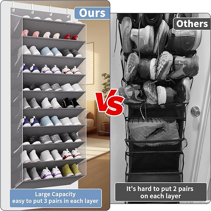 TAHAVICE 30 Pairs Over The Door Shoe Organizer, 10-Tier Hanging Shoe Rack with Deep Pocket for Closet, Extra Large Shoe Storage Holder for Sneakers, Boots, Heels(Grey)