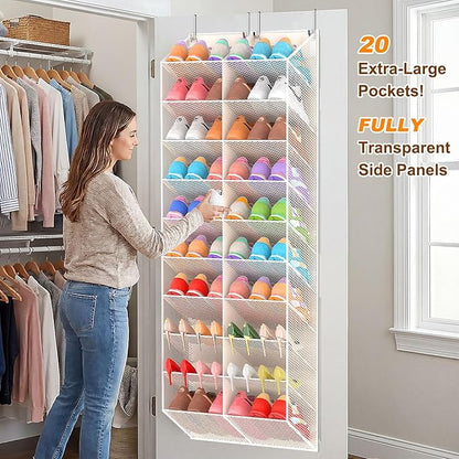 UVIAHOMI 20-30 Pairs Over the Door Shoe Organizer, Breathable Pocket Hanging Shoe Storage for Closet, 10-Tier Door Shoes Rack, Handing Shoes Holder Fit All the Family's Sneakers, Boots, Heels, Beige