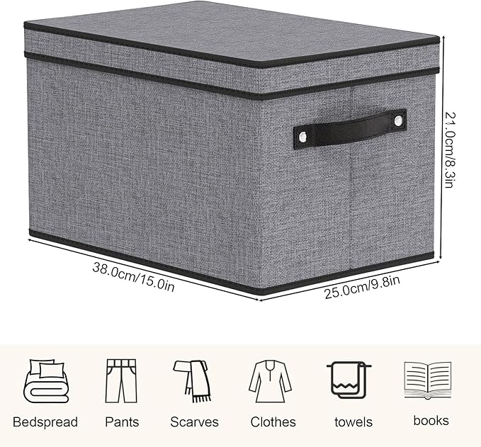Storage Boxes with Lids, 15 x 9.8 x 8.3 Inch Storage Bins for Wardrobe Bedroom Laundry, Fabric Closet Organizers with Handles,Gray, 5-Pack