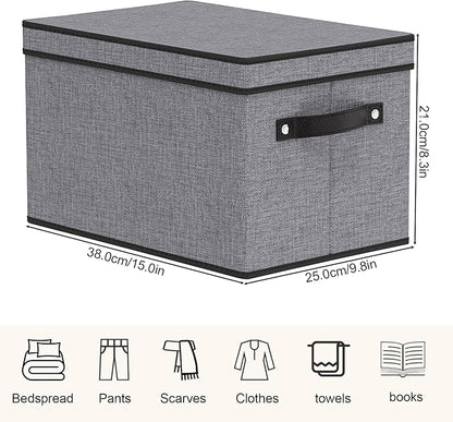Storage Boxes with Lids, 15 x 9.8 x 8.3 Inch Storage Bins for Wardrobe Bedroom Laundry, Fabric Closet Organizers with Handles,Gray, 5-Pack