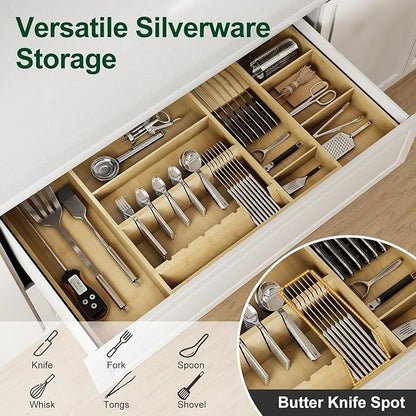 Bamboo Silverware Drawer Organizer, 17.72-29.53 Inch Expandable Large Kitchen Drawer Organizer, 5-8 Slot Flatware with Removable Card Slots & Knife Block for Spoon Butter Knive, Natural