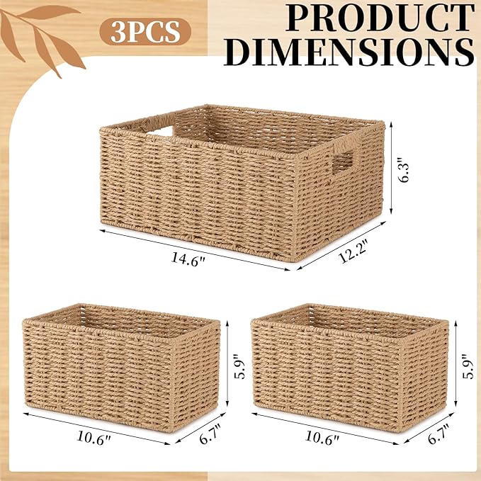 OIAHOMY Wicker Baskets for Organizing, Large and Small Shelf Baskets Set, Handwoven Bins for Storage,Paper Rope Home Organizers, Set of 3-Yellow