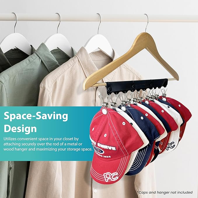 Perfect Curve Baseball Cap Hanger - Store 10 Caps with Button Clip Design, Silicone & Metal Construction, Black, 1-Pack