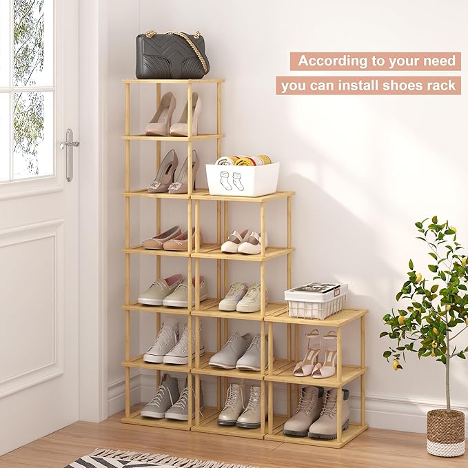 MHXW SXPN Bamboo Free Standing Shoe Rack Shelf Multi Tier Tall Wooden Stackable Shoes Rack Organizer for Closet Front Door Entrance Narrow Vertical Shoe Storage (Bamboo, 7 Tiers)