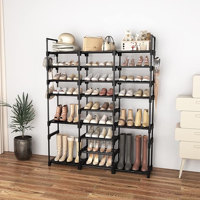 Tall Shoe Rack Organizer 9 Tiers 50-55 Pairs Large Shoe Rack for Closet Entryway Garage Big Shoe Storage with Side Hooks Black Metal Free Standing Shoe Racks Sturdy Shoe Shelf Tower