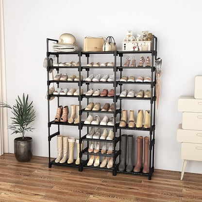 Tall Shoe Rack Organizer 9 Tiers 50-55 Pairs Large Shoe Rack for Closet Entryway Garage Big Shoe Storage with Side Hooks Black Metal Free Standing Shoe Racks Sturdy Shoe Shelf Tower