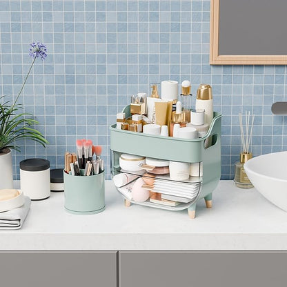 Yieach Green Make up Organizers for Counter,Vanity and Dresser,Bathroom Makeup Organizer Countertop,Large Makeup Storage Organizer for Hair Tool,Beauty Products,Skin Care and Cosmetic Display Cases