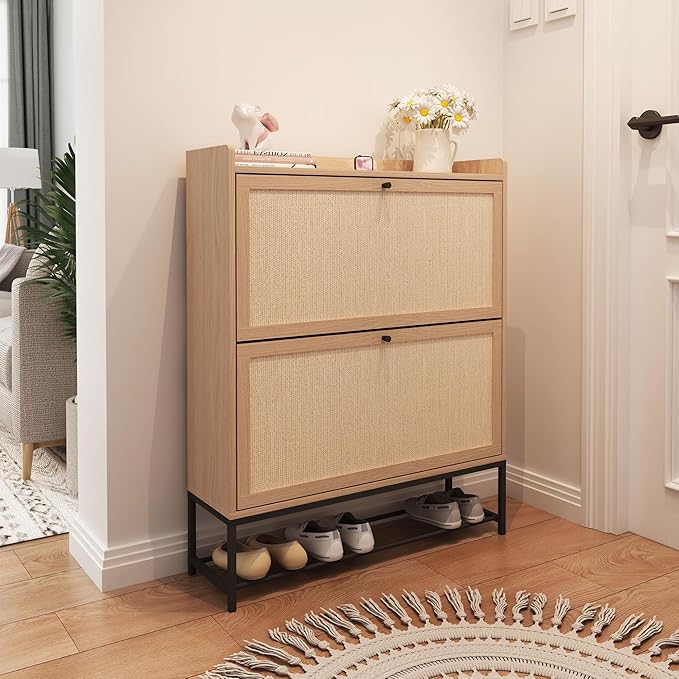 AVZEAR Narrow Shoe Storage Cabinet for Entryway with 2 Flip Drawers, Freestanding Shoe Cabinet with Natural Linen Panel, Slim Wood Shoe Organizer Closed Shoe Rack for Hallway, Foyer, Natural