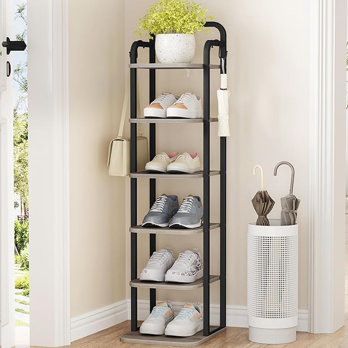 Hzuaneri 6 Tiers Vertical Shoe Rack, Narrow Shoe Tower, Tall Shoes Shelf with 2 Hooks, Adjustable Shelves, Corner Shoes Shelves for Small Spaces, Entryway, Living Room, Greige, SR04205B