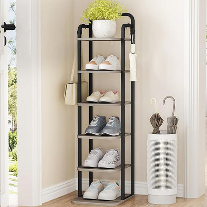 Hzuaneri 6 Tiers Vertical Shoe Rack, Narrow Shoe Tower, Tall Shoes Shelf with 2 Hooks, Adjustable Shelves, Corner Shoes Shelves for Small Spaces, Entryway, Living Room, Greige, SR04205B