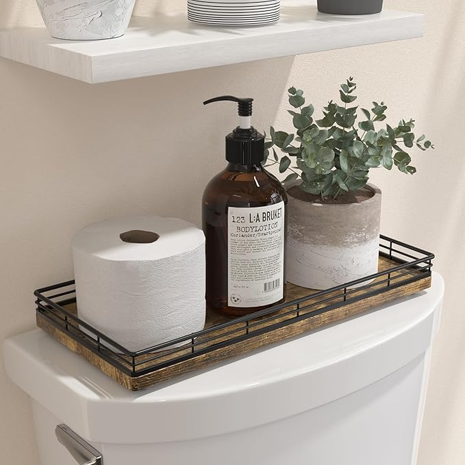 Bathroom Toilet Tank Tray, 13" Wood Storage Basket Back of Toilet Basket Organizer, Vanity Tray for Perfume Makeup Candle Kitchen Counter Coffee Table Bar Decor Rustic