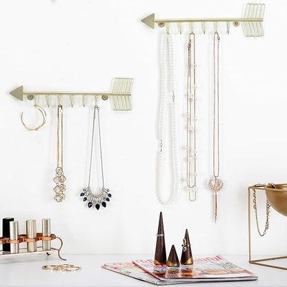 MyGift Brass-Tone Metal Wall Mounted Arrow Design Necklace Organizer Rack with 6 Hooks, Set of 2