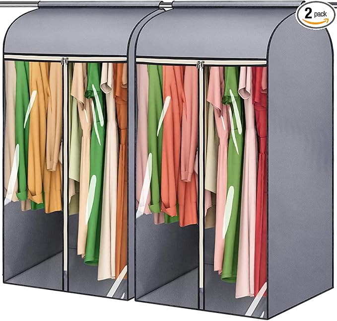 45'' Hanging Garment Bags for Closet Storage Sealed Completely Jackets Coats Suits Clothes Rack Cover for Wardrobe with Clear PVC Window and 3 Zippers Opening