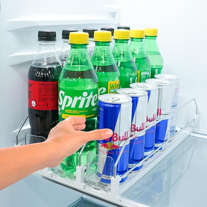 Upgraded Premium Drink Organizer for Fridge. Ultra Space Saving Soda Can Organizer for refrigerator with Larger Stopper Height and Automatic Pusher with Locking Feature. Holds 15 Cans (3 Rows, White)